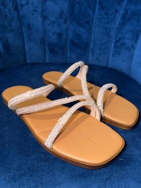 Mariella Embellished Strappy Tan Sandals with Iridescent Beads Size 7.5